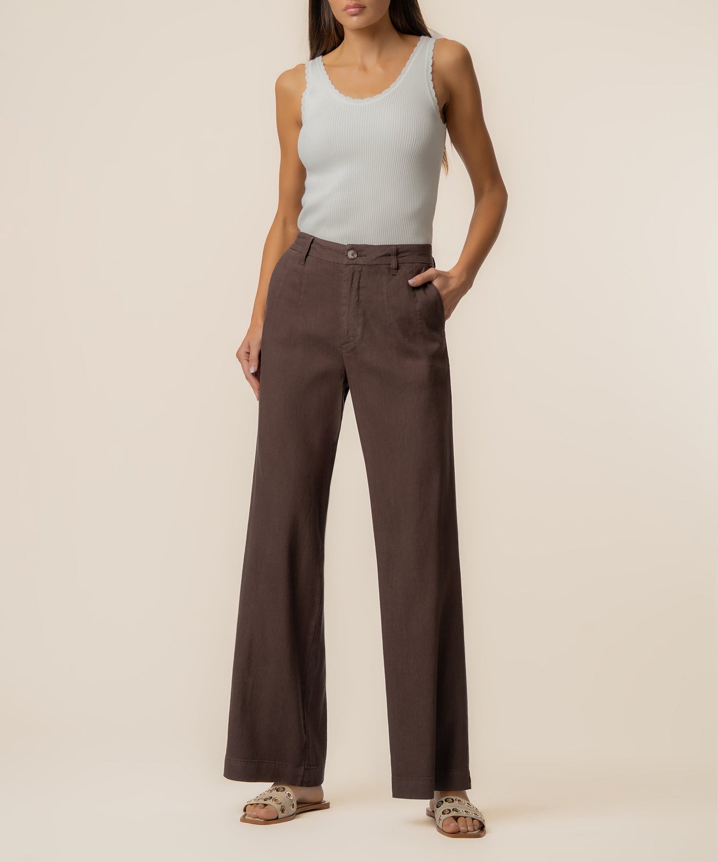 Meg Linen High Rise Wide Straight Leg in Chocolate