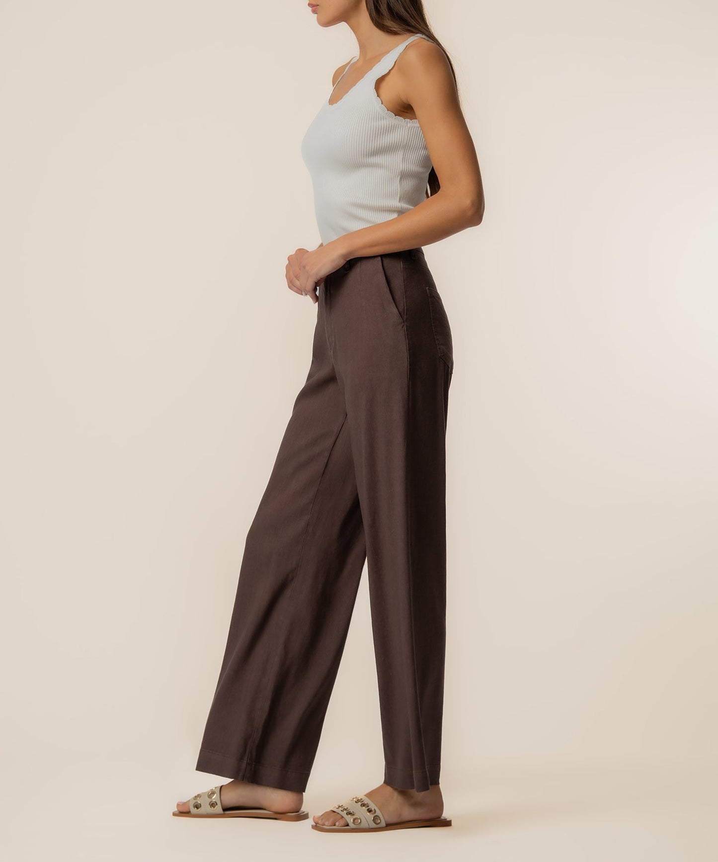 Meg Linen High Rise Wide Straight Leg in Chocolate