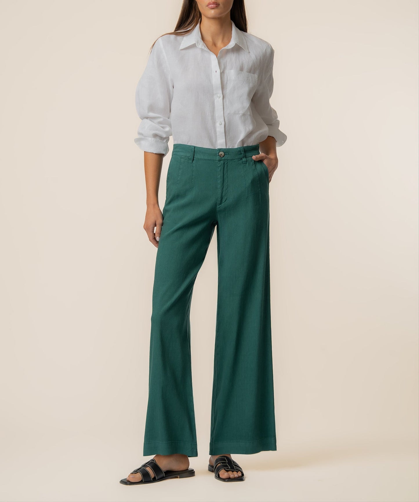 Meg Linen High Rise Wide Straight Leg in Jungle