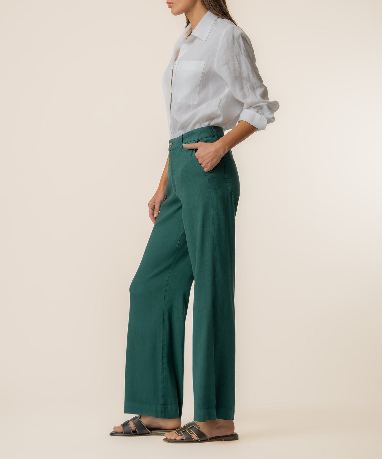 Meg Linen High Rise Wide Straight Leg in Jungle